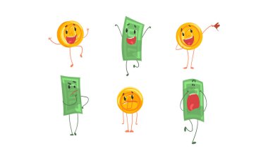 Para Faturaları ve Altın Paralar Komik Yüzlü İnsanlaştırılmış Karakterler, Çeşitli Duygular Vektörü İllüstrasyonlu Şirin Banknotlar