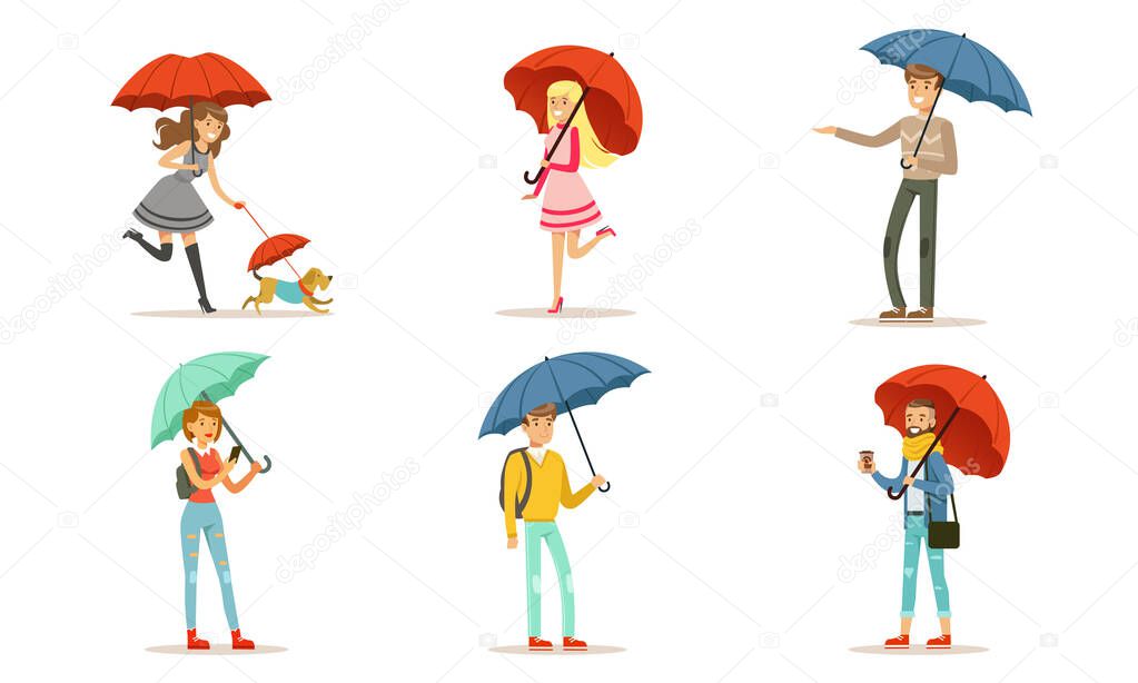 Collection of People Walking Under Colorful Umbrellas, Young Men and Women with Umbrella Vector Illustration