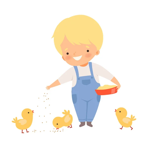 Little Boy Feeding Chickens on the Farm Vector Illustration — 스톡 벡터