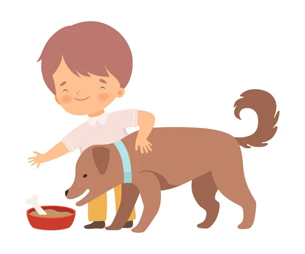 Petit garçon nourrissant son chiot Illustration vectorielle — Image vectorielle