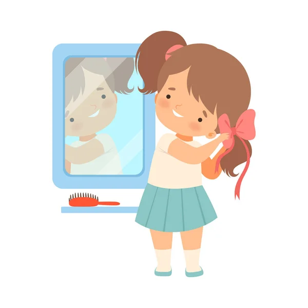 Κοριτσάκι στέκεται μπροστά από τον καθρέφτη πλέκοντας τα μαλλιά της διανυσματική απεικόνιση — Διανυσματικό Αρχείο