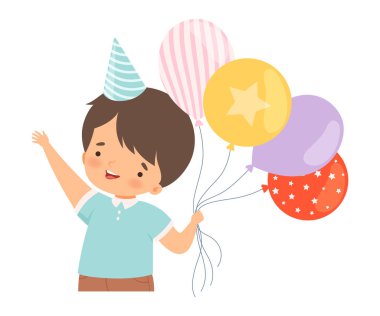 Doğum günü şapkası giyen neşeli küçük çocuk balon taşıyıcı illüstrasyonu taşıyor.