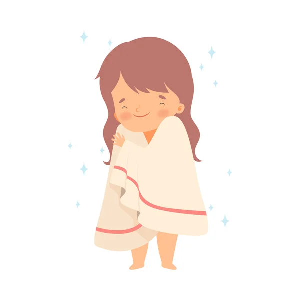Menina coberta com toalha para secar após a ilustração do vetor do chuveiro — Vetor de Stock