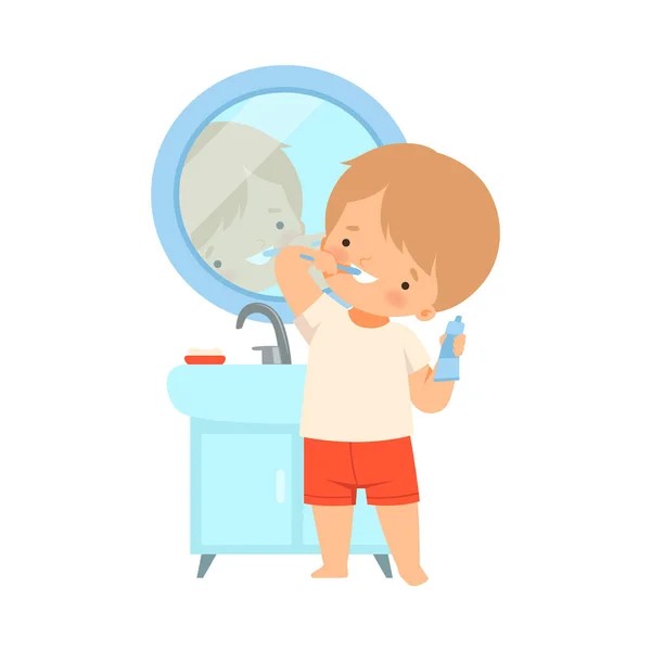 Aynanın önünde duran ve dişlerini fırçalayan küçük çocuk. — Stok Vektör