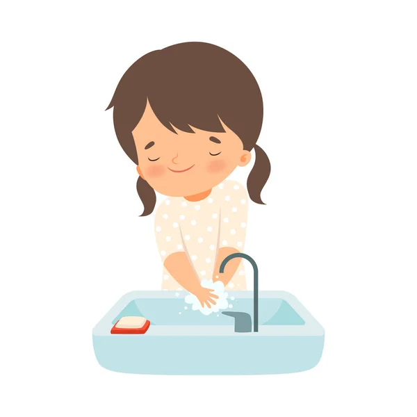 Bambina tenendo sapone lavaggio le mani nel lavandino vettoriale illustrazione — Vettoriale Stock