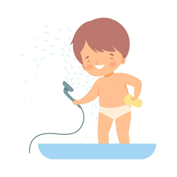 Little Boy Having Shower in Bathroom on His Own Vector Illustration ストックイラスト