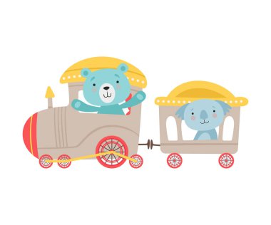 Neşeli Kırmızı Yanaklı Ayı ve Koala Sürücü Oyuncak Treni Vektör İllüzyonu