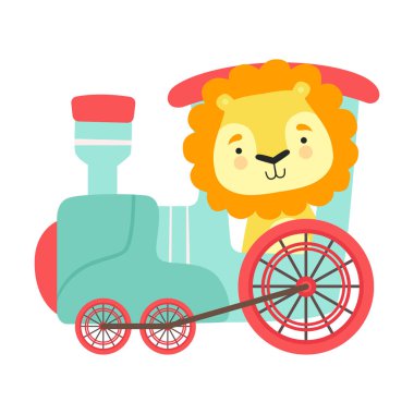 Kalın Yeleli Komik Aslan Tren Vektörü Resimlerinde Biniyor