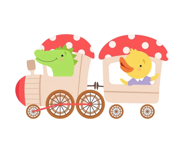 Vrolijk rood wang krokodil en kip rijden speelgoed trein vector illustratie — Stockvector