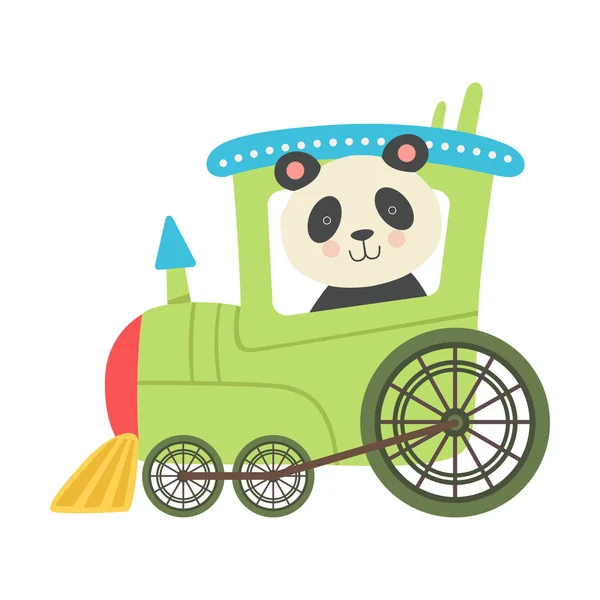 带有Bucket Ears Riding on Train vector Illustration的滑稽熊猫 — 图库矢量图片