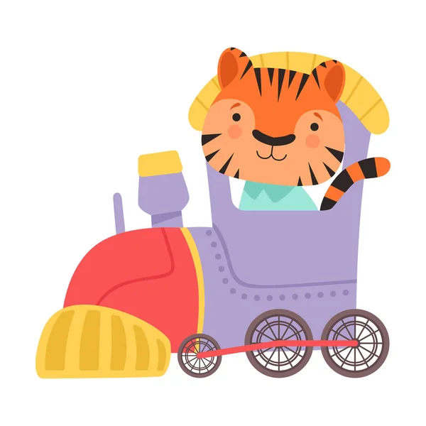 Funny Striped Tiger Riding on Train Vector Illustration — Stock Vector