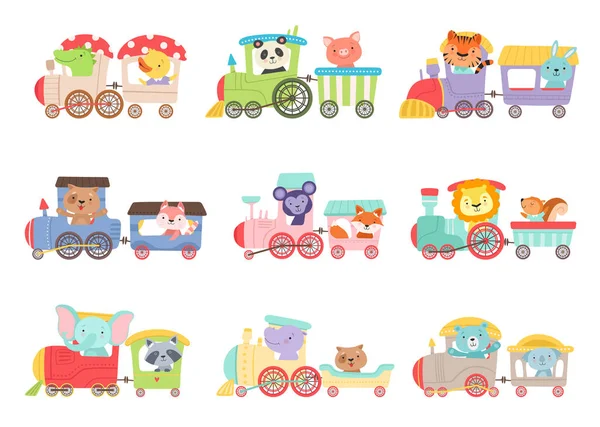 Cheerful African and Forest Animals Riding on Toy Train Vector Illustrations Set — Stock Vector