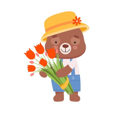 Cheerful Bear Character Wearing Hat and Playsuit Carrying Bunch of Flowers Vector Illustration clipart