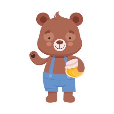 Smiling Bear Character Wearing Playsuit Holding Honey Jar in His Paws Vector Illustration clipart