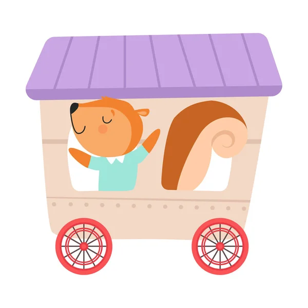 Glada röda kindekorre körning leksak hjul vagn vektor Illustration — Stock vektor
