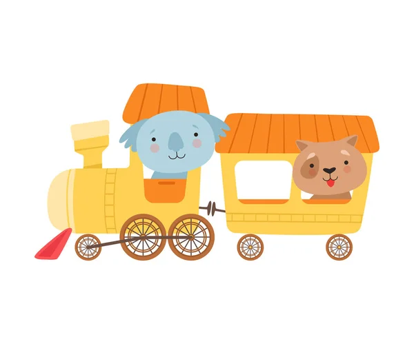 Glada röd Cheeked Koala och hund körning leksak hjul tåg vektor Illustration — Stock vektor