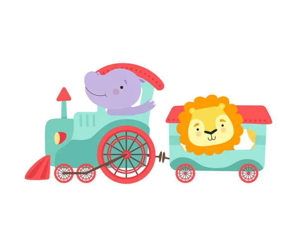Glada röd Cheeked flodhäst och lejon som kör leksak hjul tåg vektor Illustration — Stock vektor