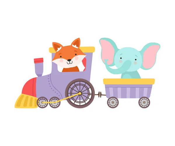 Allegro rosso sfacciato elefante e volpe guida giocattolo treno a ruote vettoriale illustrazione — Vettoriale Stock