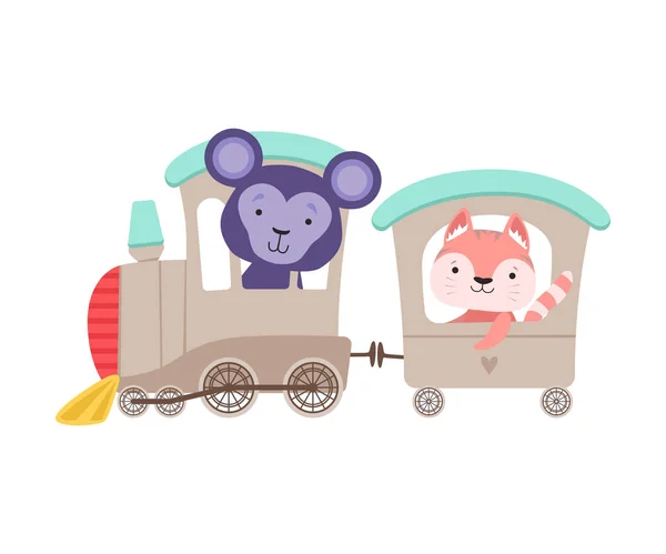 Neşeli Kova Kulaklı Maymun ve Bıyıklı Kedi Sürücü Oyuncak Tekerlekli Tren Resimleri — Stok Vektör
