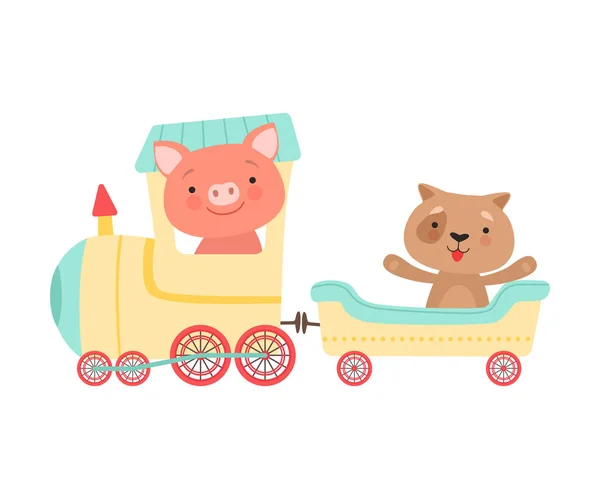 Glada röd Cheeked Pig och hund Driving Toy Wheeled Train vektor Illustration — Stock vektor