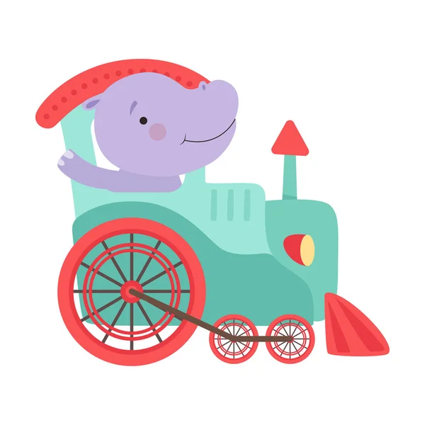 Glada röd Cheeked flodhäst Viftande Tass Körförmåga Leksak Hjul Tåg vektor Illustration — Stock vektor