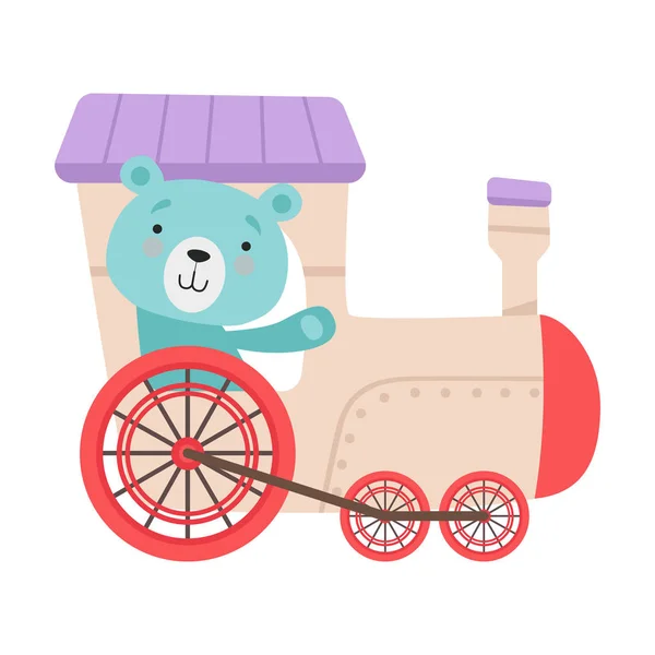 Cheerful Red Cheeked Bear Waving Paw Driving Toy Wheeled Train Vector Illustration — Stock Vector