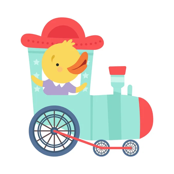 Cheerful Red Cheeked Chicken Driving Toy Wheeled Train Vector Illustration — Stock Vector