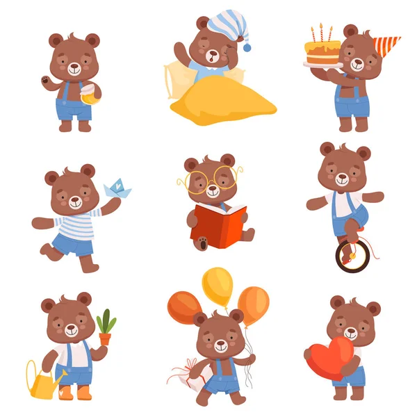 Cute Cartoon Bears Vector Set. Bear Animal Reading Book and Celebrating Birthday — Stockový vektor
