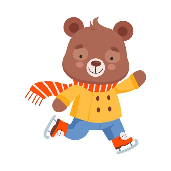 Cheerful Bear Character Wearing Warm Clothes and Scarf Ice Skating Vector Illustration — Stock Vector