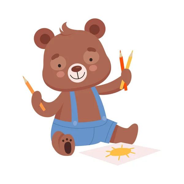 色鉛筆で太陽を描く遊具を身に着けている陽気なクマのキャラクターベクトルイラスト — ストックベクタ