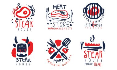 Biftek Evi Etiketleri Koleksiyonu, Et Mağazası Kaliteli Retro El Çizimi Rozet Resimleri