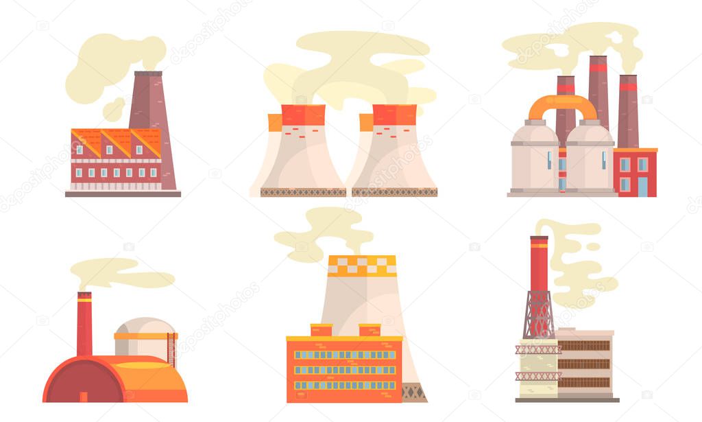 Modern Power Plants Collection, Refinery, Gas Power Station Industrial Factory Buildings Vector Illustration