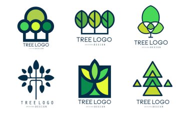 Ağaç Logosu Şablonu Koleksiyonu, Yeşil Çizgili Rozet Vektör Resimleri