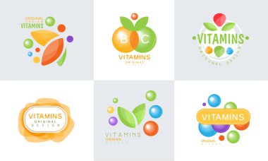 Vitaminler Orijinal Tasarım Logo Koleksiyonu, Sağlıklı Yaşam, Doğal İlaç Etiketleri Vektör İllüzyonu