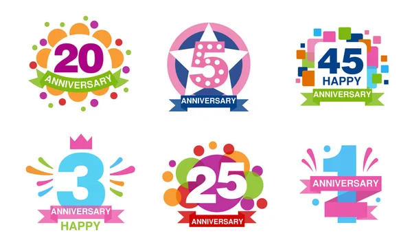 Colful Anniversary Labels Collection, 20, 5, 45, 3, 25, 1 Years Celebration Badges Vector Illustration — Stockový vektor
