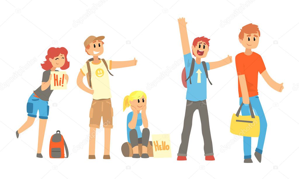 Young People Travelling by Autostop Collection, Male and Female Tourists Characters Hitchhiking and Catching a Car by Waving Hands Vector Illustration