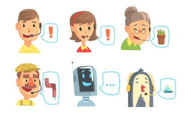 Komik Müşteriler Telefon Operatörlerini Destekliyor, Kulaklık Vektörü İllüstrasyonlu Çağrı Merkezi Çizgi Karakterleri