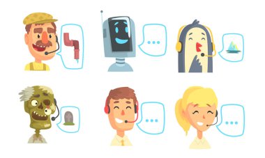 Komik Müşteriler Telefon Operatörlerini Destekliyor, Çağrı Merkezi Karakterleri Telefon Vektörü İllüstrasyonuyla İnsanlara Danışmanlık Yapıyor