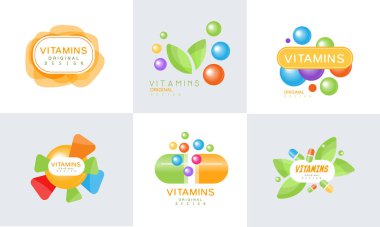 Vitaminler Orijinal Tasarım Logo Koleksiyonu, Sağlıklı Yaşam, Doğal Tıp Renkli Parlak Etiketler Vektör Resimleri