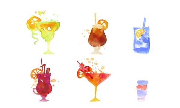 Cocktails Collection, Alcoholic Drinks Watercolor Hand Drawn Vector Illustration — Stock Vector