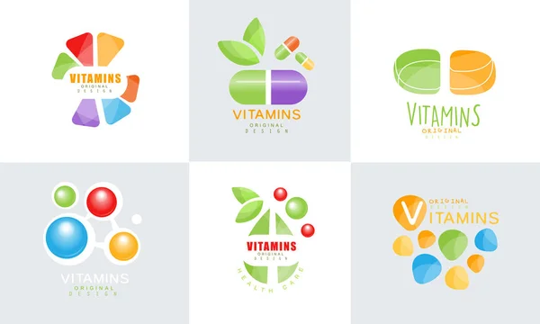 Collezione originale di logo di progettazione delle vitamine, vita sana, illustrazione vettoriale delle etichette della medicina — Vettoriale Stock