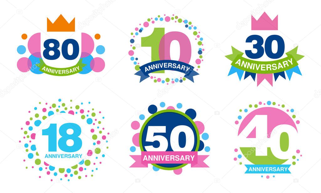 Colorful Anniversary Labels Collection, 80, 10, 30, 18, 50, 40 Years Celebration Badges Vector Illustration