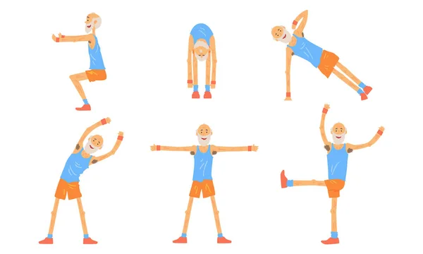 Senior Man doing Morning Exercises Collection, Active Healthy Workout of Aged Person, People Engaged in Sports Vector Illustration - Stok Vektor