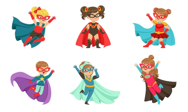 Kid Superheroes Collection, Cute Little Boys and Girls Wearing Colorful Comics Costumes, Birthday Party, Festival Design Element Vector Illustration — Stock Vector