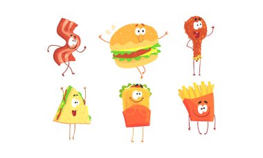 Komik Fast Food Çizgi Film Karakterleri Koleksiyonu, Jambon Dilimi, Burger, Kızarmış Tavuk Pirzolası, Shawarma, Sandviç, Patates Kızartması, Kafe veya Restoran Menüsü Menüsü Element İllüstrasyonu