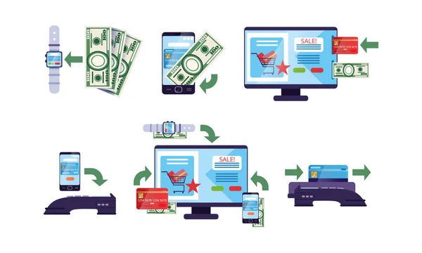 Online Banking and Payment Methods Collection, Operazioni finanziarie tramite gadget digitali, Protezione Money Transfer Technology Vector Illustration — Vettoriale Stock