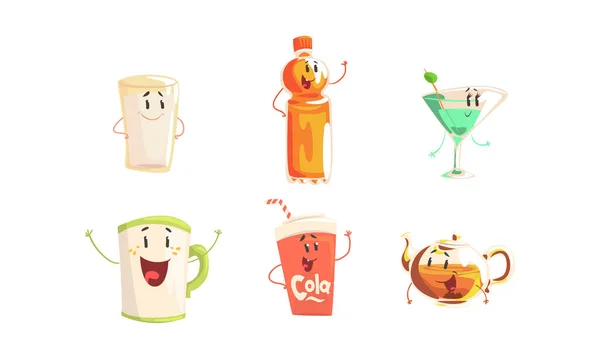 Funny Drinks Cartoon Characters Collection, Čaj, Káva, Mléko, Martini, Šťáva, Cola Cute Nápoje, Kavárna, Restaurace Menu Design Element Vector Illustration — Stockový vektor