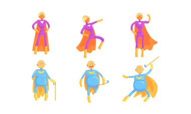 Komik Yaşlı Süper Kahramanlar Koleksiyonu, Renkli Çizgi Romanlar Giyen Büyükbabalar Vektör Resimleri