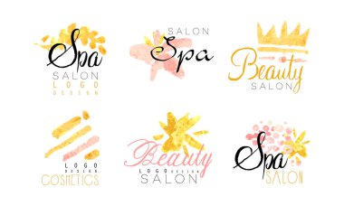Spa Salonu Logo Tasarım Koleksiyonu, Güzellik, Kozmetik Merkezi Suluboya El Çizimi Rozet Çizim Vektörü Çizimi