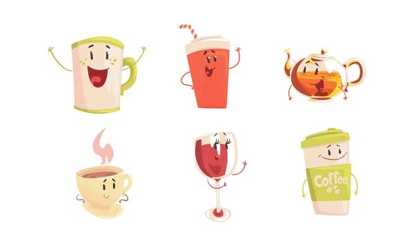 Coleção de personagens engraçados dos desenhos animados das bebidas, bebida do refrigerante, chá, café, bebidas do vinho, café, ilustração do vetor do elemento do projeto do menu do restaurante — Vetor de Stock